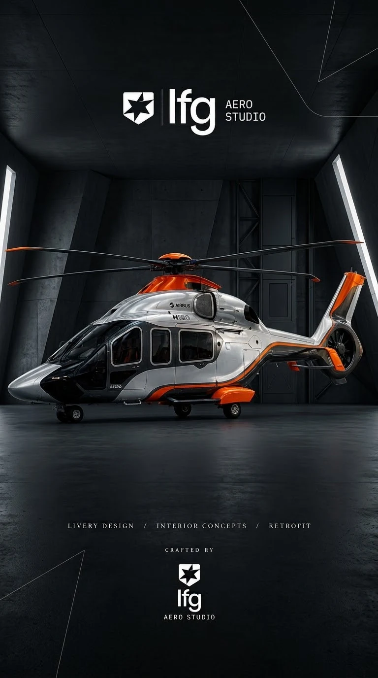 Conceito de livery para Airbus H160 em prata, grafite e laranja