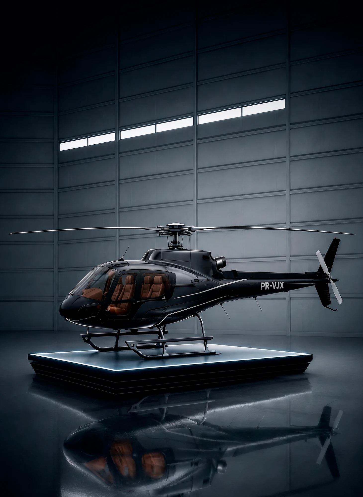 Helicóptero preto em plataforma iluminada dentro de um hangar